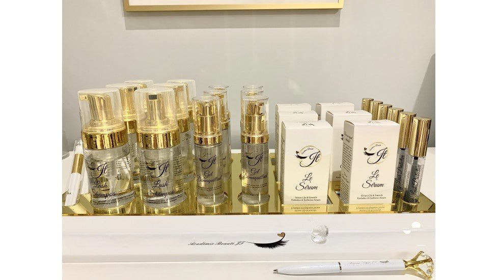 Présentoir produits Beauté JT en acrylique blanc et miroir or